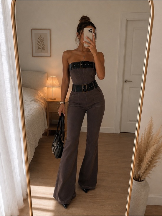 Fashion Nova Pants - Fashion Nova Brown Strapless Boot-Cut Jumpsuit with Black Belt